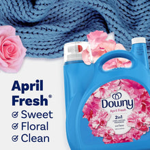 Blue Downy fabric softener bottle with April Fresh floral label beside folded blue knit fabric