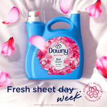 Blue liquid fabric softener bottle with pink floral label, petals floating around