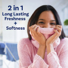 Downy fabric softener with 2-in-1 Long Lasting Freshness and Softness text