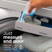 Blue liquid fabric softener bottle pouring into washer dispenser labeled softener