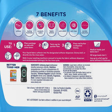Liquid fabric softener back label on a blue bottle with icons and directions