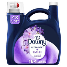 Downy Ultra Soft + Calm liquid fabric softener bottle, lavender and vanilla bean scent