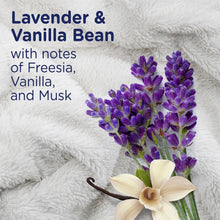 White fabric with lavender and vanilla bean scent notes and purple flower accents