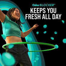 Woman smiling with green OdorBlocker graphic and teal airborne droplet accents