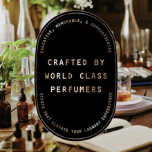 Crafted by World Class Perfumers circular label graphic for laundry booster