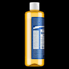 Liquid soap bottle back view with white cap and blue ingredient label panel