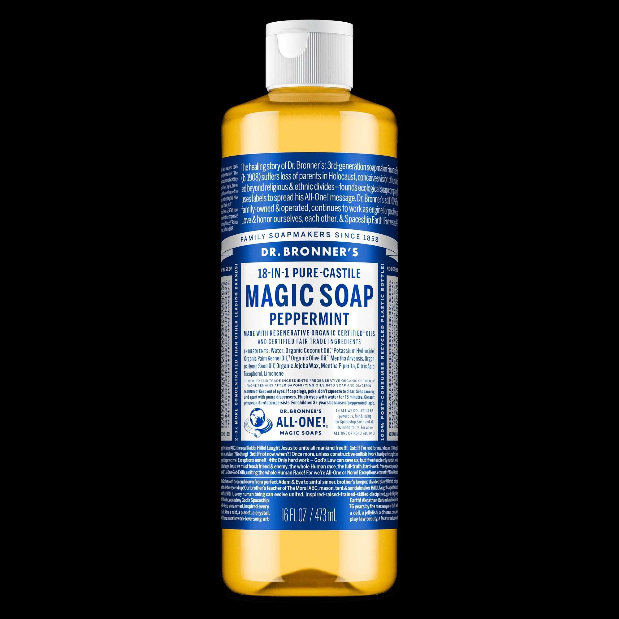 Dr. Bronner's Magic Soap - Peppermint- Pure-Castile Liquid Soap - 16 fl oz – for Face, Body Wash, Hands
