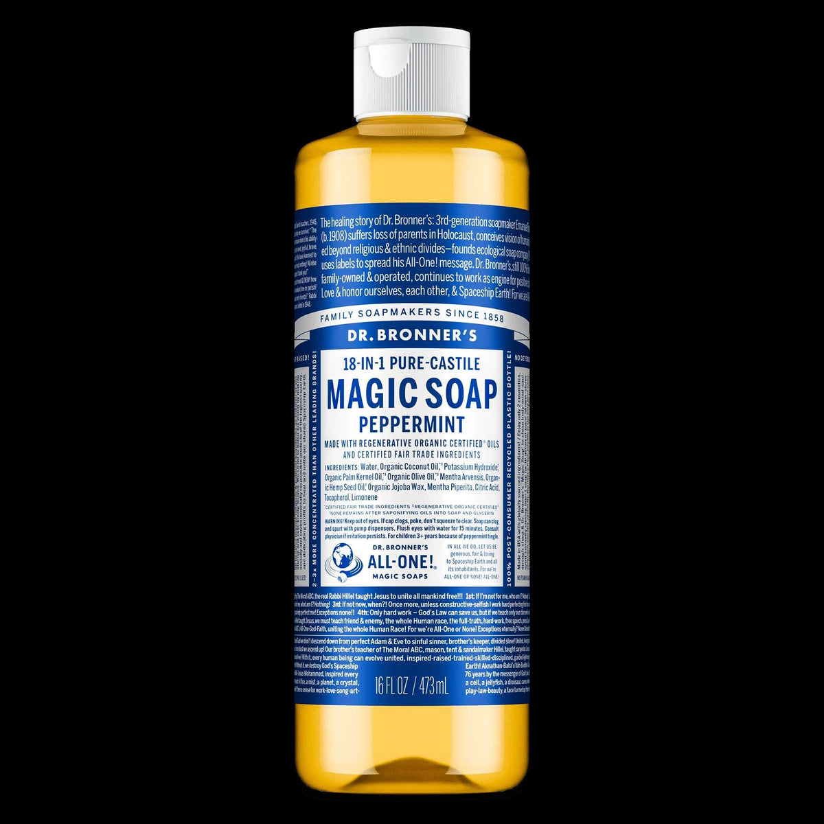 Dr. Bronner's Magic Soap - Peppermint- Pure-Castile Liquid Soap - 16 fl oz – for Face, Body Wash, Hands