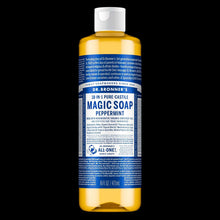 Liquid soap bottle with white cap, blue label and “Magic Soap Peppermint” text