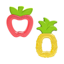 Water-filled baby teether set: red apple ring and yellow pineapple ring with nubs