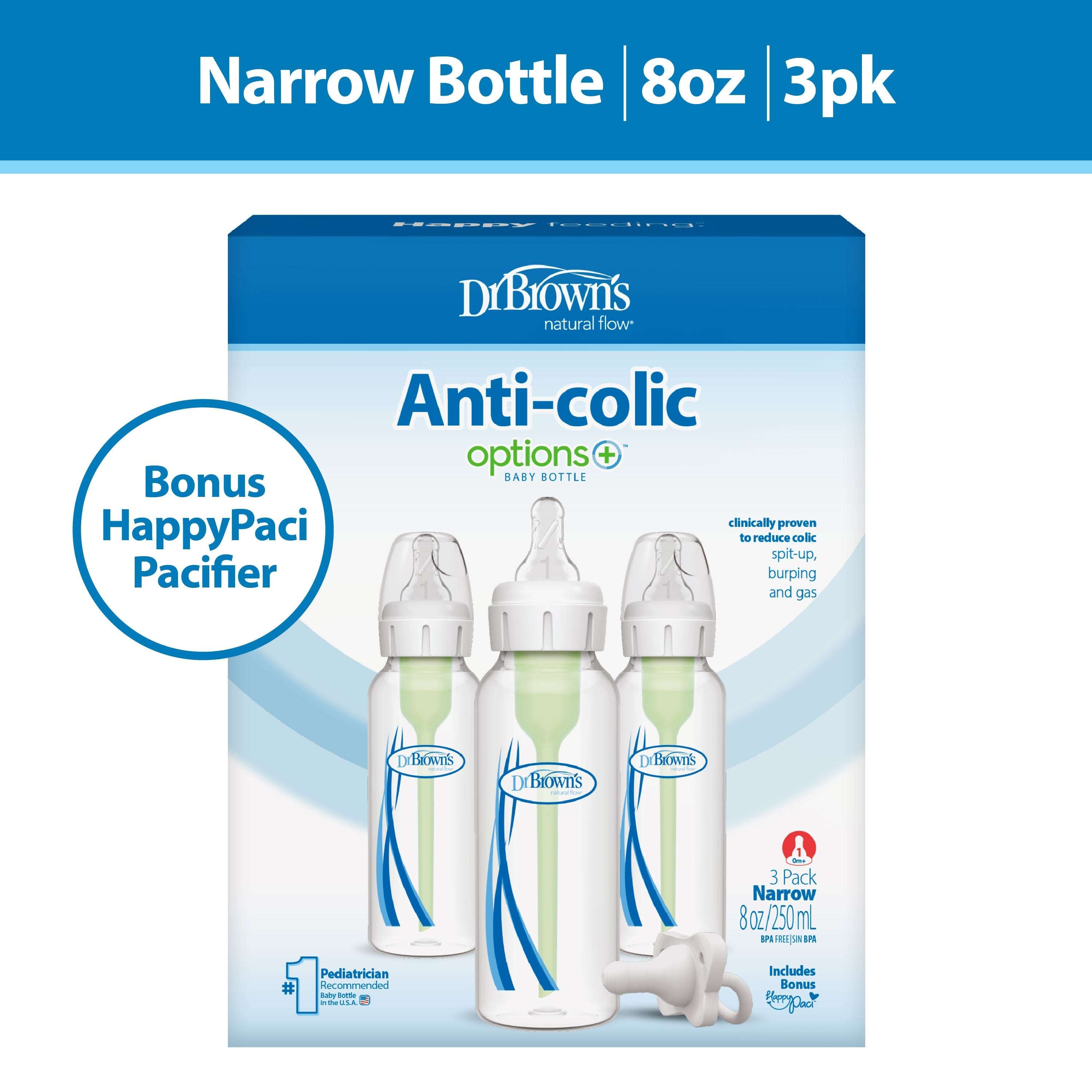 Dr. Brown’s Natural Flow Anti-Colic Options+ Narrow Baby Bottle, 4oz, Slow Flow, 0m+, 3 Pack