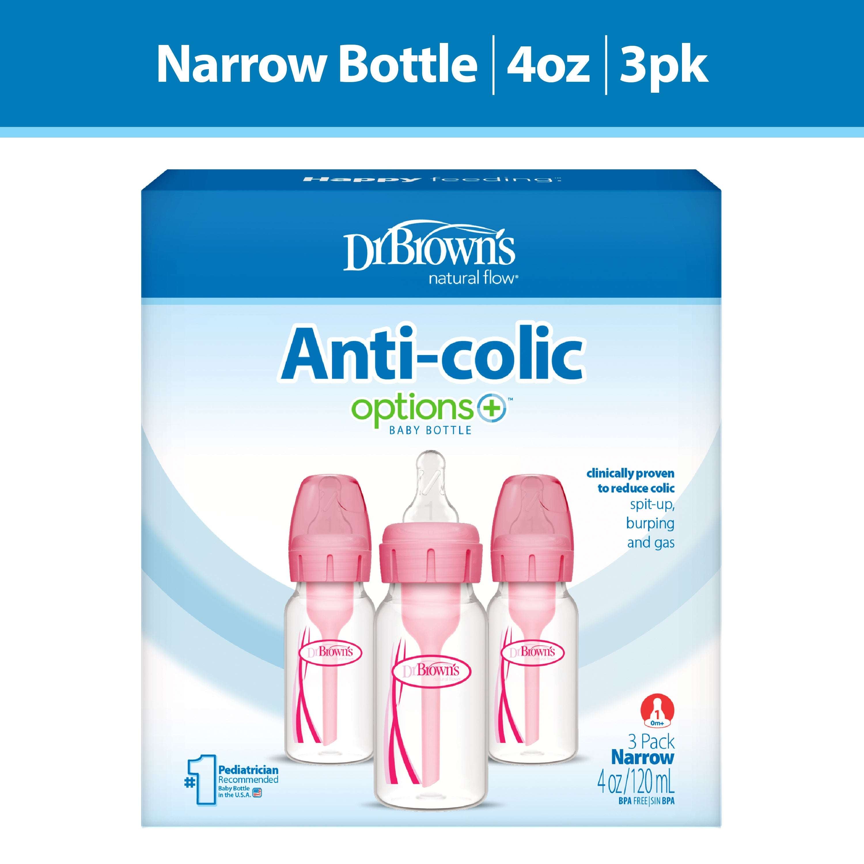 Dr. Brown’s Natural Flow Anti-Colic Options+ Narrow Baby Bottle, 4oz, Slow Flow, 0m+, 3 Pack