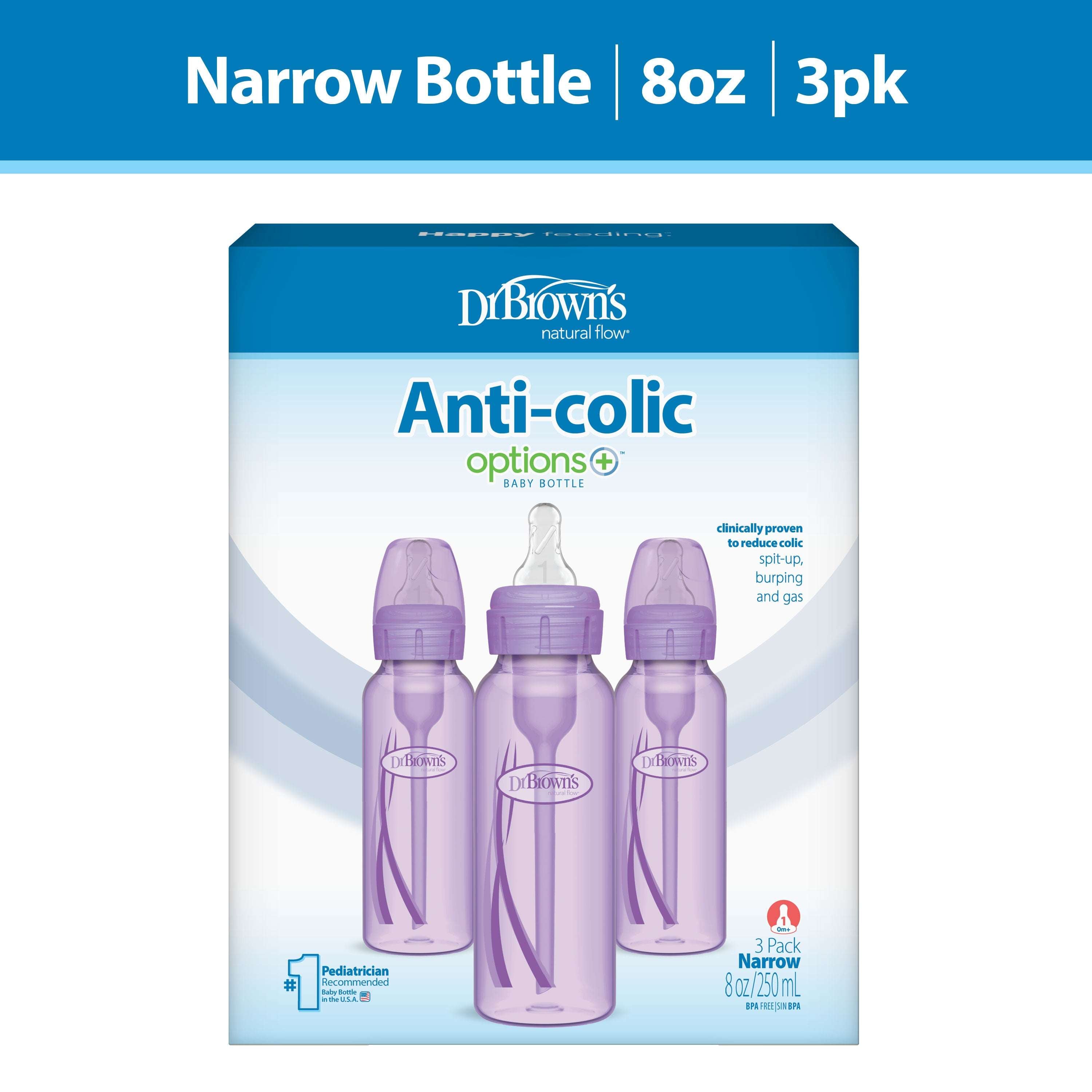 Dr. Brown’s Natural Flow Anti-Colic Options+ Narrow Baby Bottle, 4oz, Slow Flow, 0m+, 3 Pack