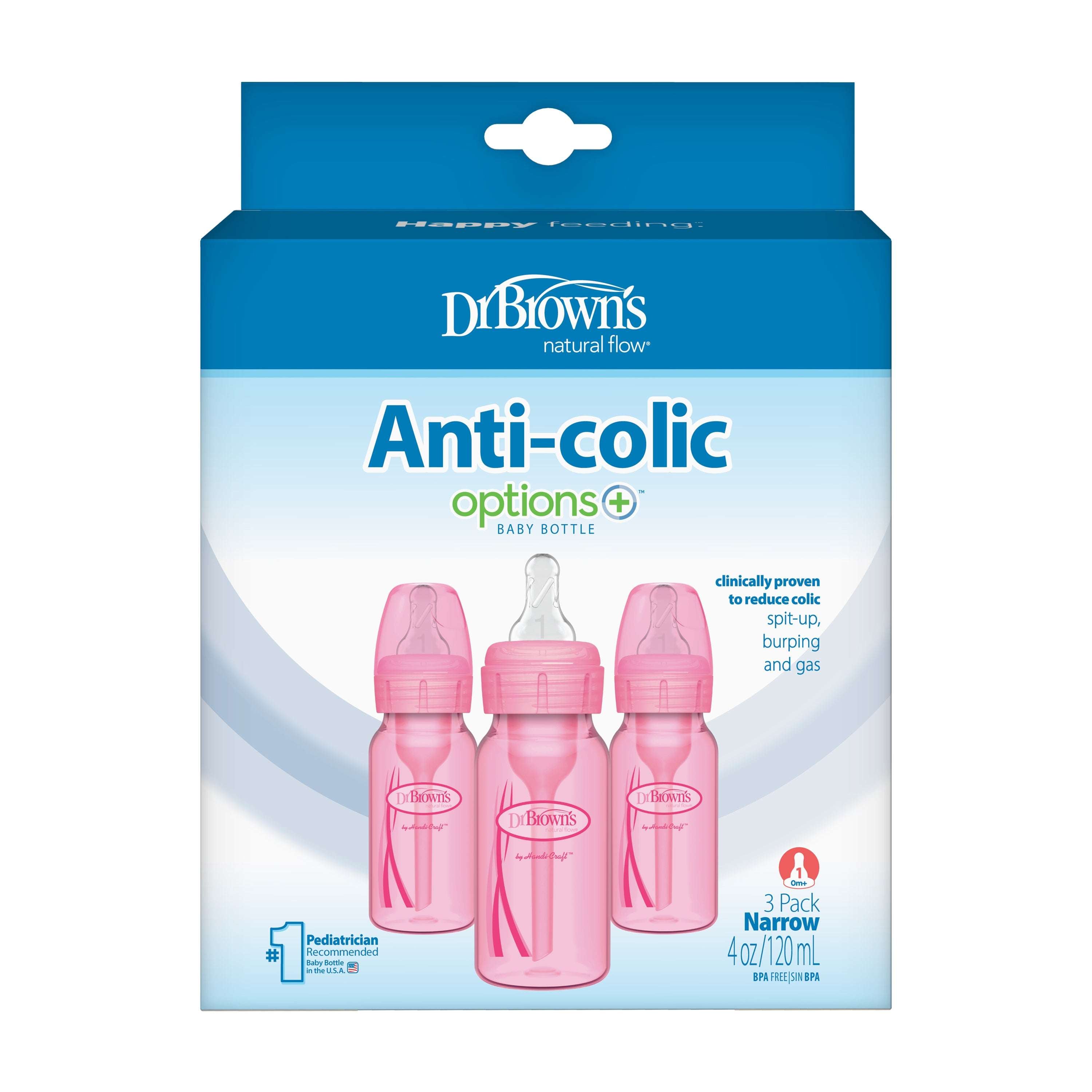 Dr. Brown’s Natural Flow Anti-Colic Options+ Narrow Baby Bottle, 4oz, Slow Flow, 0m+, 3 Pack