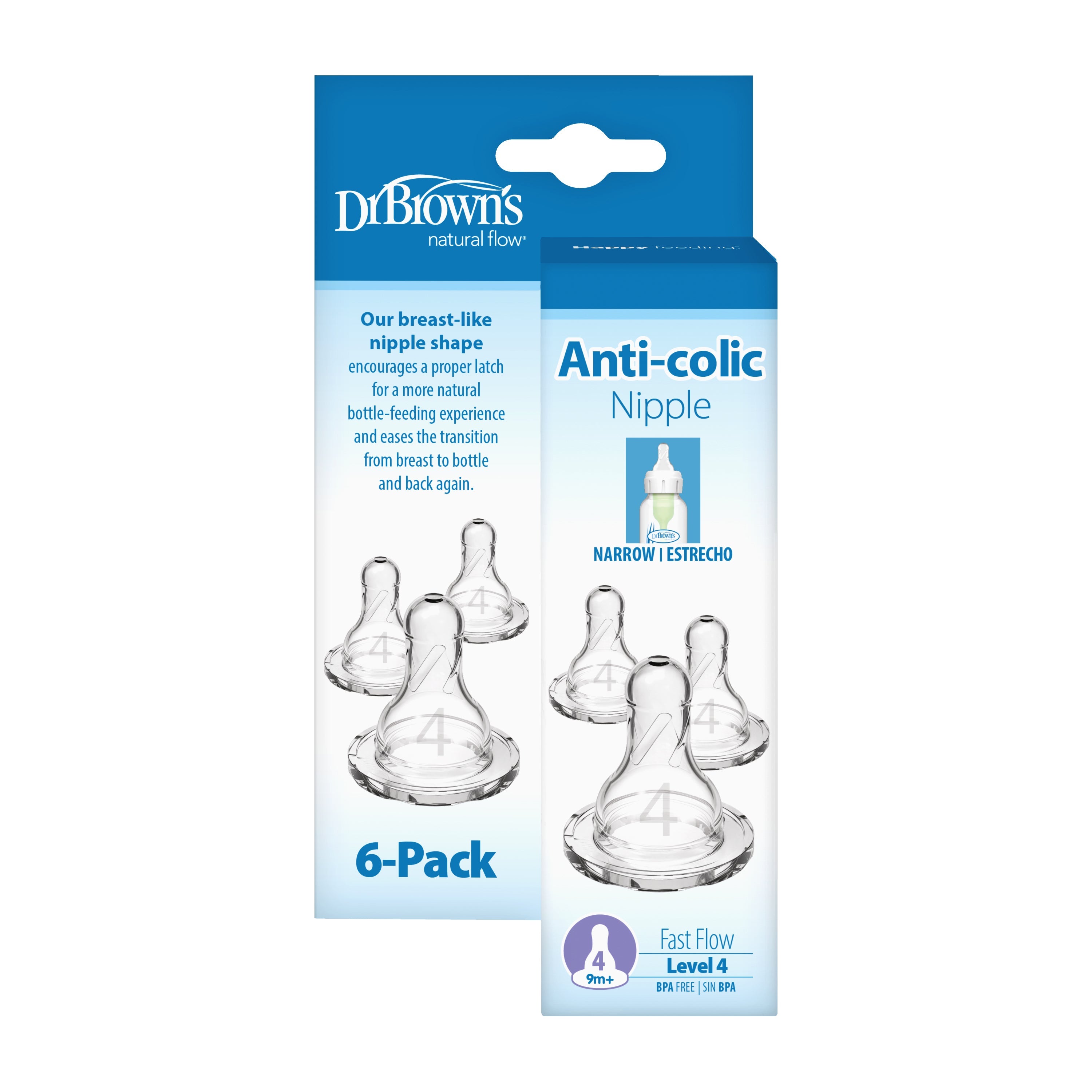 Dr. Brown's Natural Flow Preemie, Narrow Baby Bottle Nipple, Slowest Flow 0m+, 100% Silicone, 6-Pack
