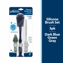 Silicone cleaning brush set with three silicone brushes and handles, dark blue, green, gray