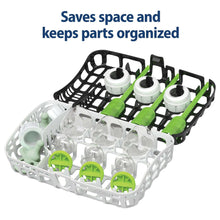 Plastic bottle parts drying rack organizer with white and green containers