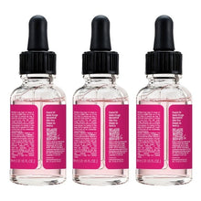 Three Moroccan rose facial oil bottles with black droppers and pink side labels (3-pack).