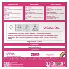 Mo facial oil triple pack box back panel with ingredient and directions text.