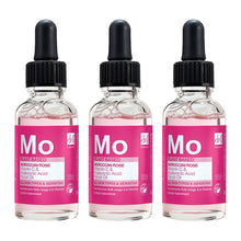 Moroccan rose facial oil bottles, black droppers, clear glass, pink labels (3-pack).