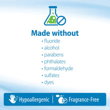 Hypoallergenic, fragrance-free baby wipes infographic panel with ingredient icons.