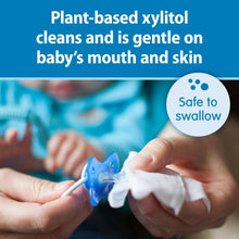 Baby pacifier cleaning wipe touchpoint with safe-to-swallow plant-based xylitol claim.