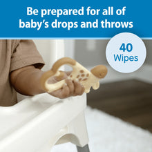 On-the-go baby wipes with 40 wipes label shown near baby items.