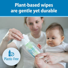 Baby cleaning wipes being dispensed from a blue pouch with plastic-free badge.