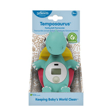 Retail box for teal Temp•soaurus floating bath thermometer, with dinosaur product image.