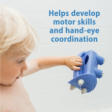 Blue elephant bath watering toy with water flowing from the top opening