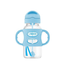 Blue 9oz sippy straw bottle with silicone handles and wide-neck cap