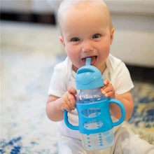 Blue sippy straw bottle with silicone straw and silicone handles, baby sipping