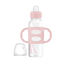 Pink and clear anti-colic baby bottle with handles and cap