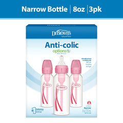 Dr. Brown’s Natural Flow Anti-Colic Options+ Narrow Baby Bottle, Pink, 8oz, Slow Flow, 0m+, 3 Pack