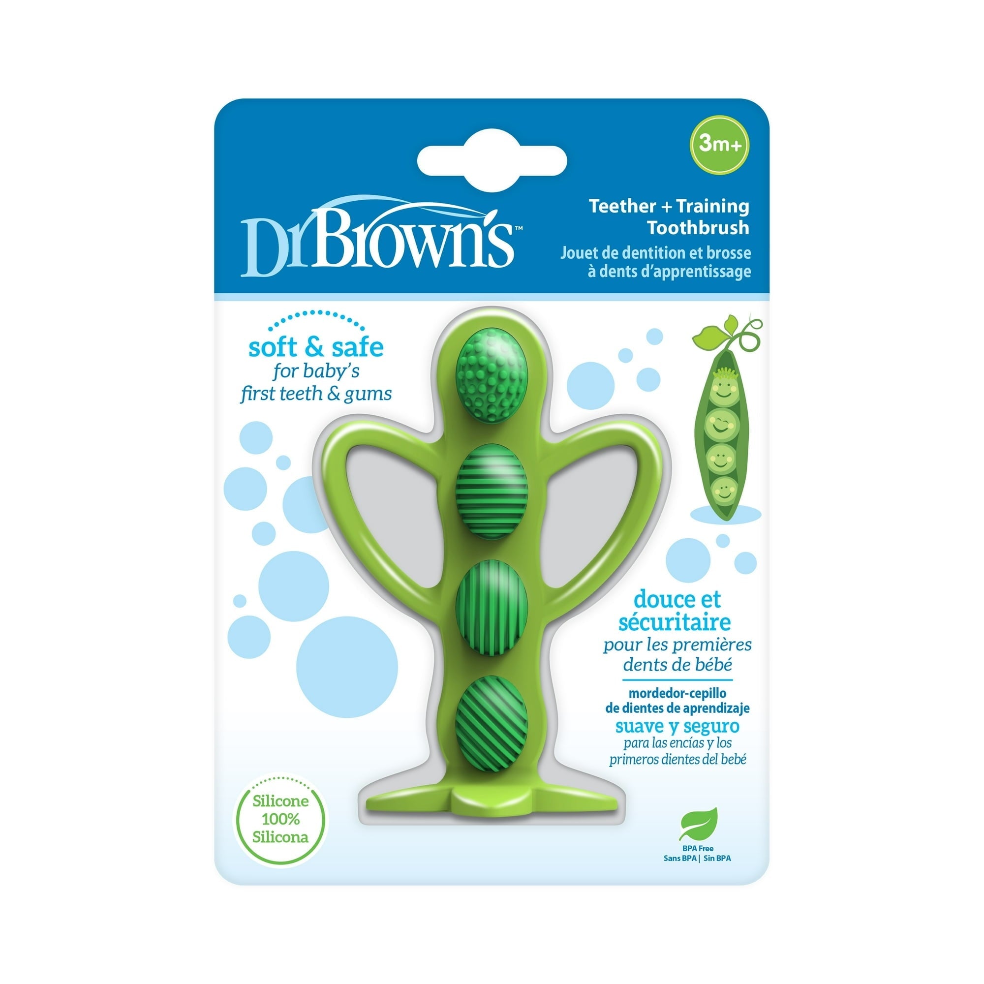 Dr. Brown's Peapod Teether & Training Toothbrush, Soft 100% Silicone, BPA Free, 3m+, 1 Pack