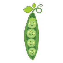 Green peapod-shaped silicone teether with smiling pea face and leaf detail.
