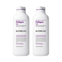 Silk shampoo bottles, two-pack, white with purple caps and Folligen Silk label