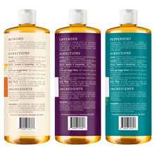 Castile soap variety pack—rear labels with directions and ingredients, three bottles