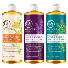 Castile soap variety pack with three bottles: amber, purple, and teal labels