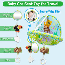 Baby car seat toy with soft mirror ball, squeaky animal parts, and hanging rings