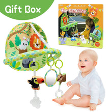 Baby car seat toy with hanging animal pieces and mirror, shown with gift box