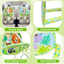 Double sided baby car seat toy with padded arch and neatly stitched fabric panel