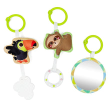 Baby car seat toy hanging animals and mirror ball with green plastic rings