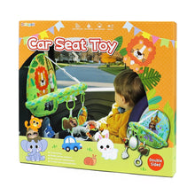 Car seat toy double-sided activity arch with jungle animals on retail box