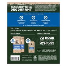 Fresh Falls deodorant stick back panel with odor-squatching system icons and notes