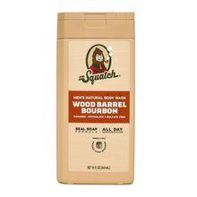 Men's body wash bottle, wood barrel bourbon scent, tan label, 14 fl oz.