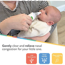 Parent using electric nasal aspirator on baby, white nozzle and control area visible