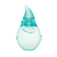 Blue silicone nasal aspirator bulb in side view with clear suction rim