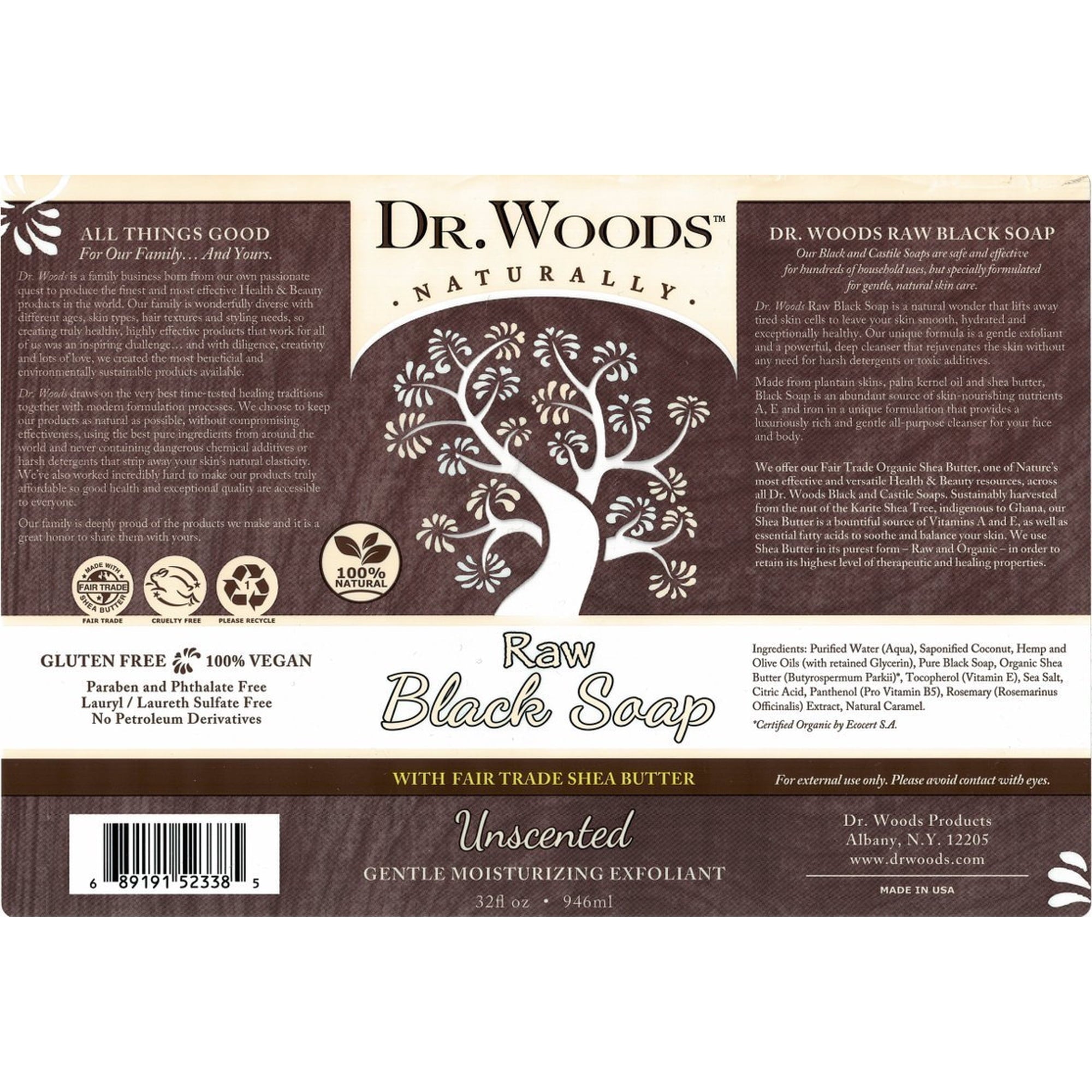 Dr. Woods Raw Moisturizing Black Unscented Soap with Organic Shea Butter, 32 Ounce