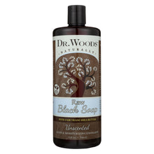 Dr. Woods Raw Black Soap unscented bottle with fair trade shea butter label